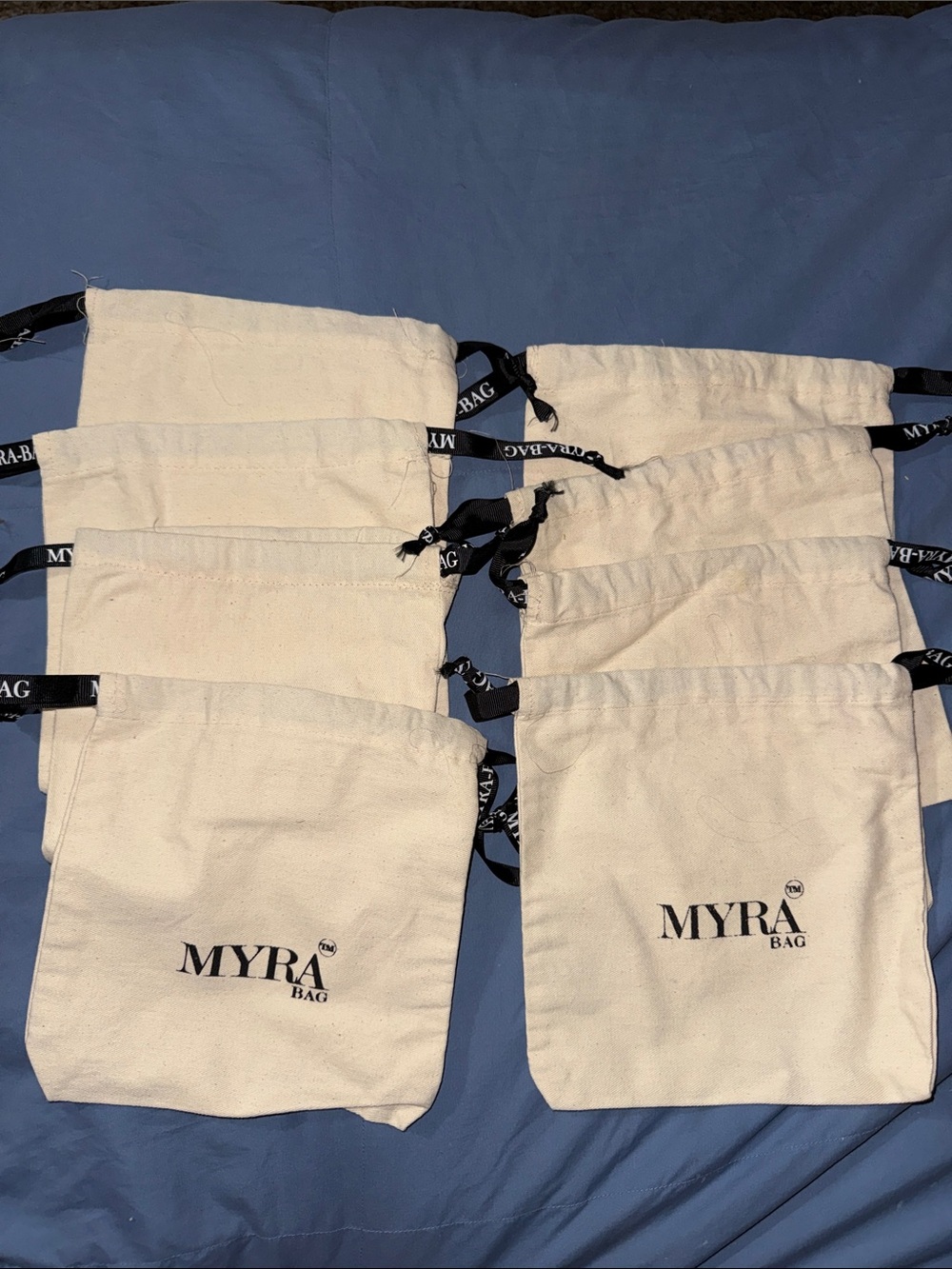 Myra Bag Cream Canvas Drawstring Jewelry Pouch Dust Bag Travel- Set of 8